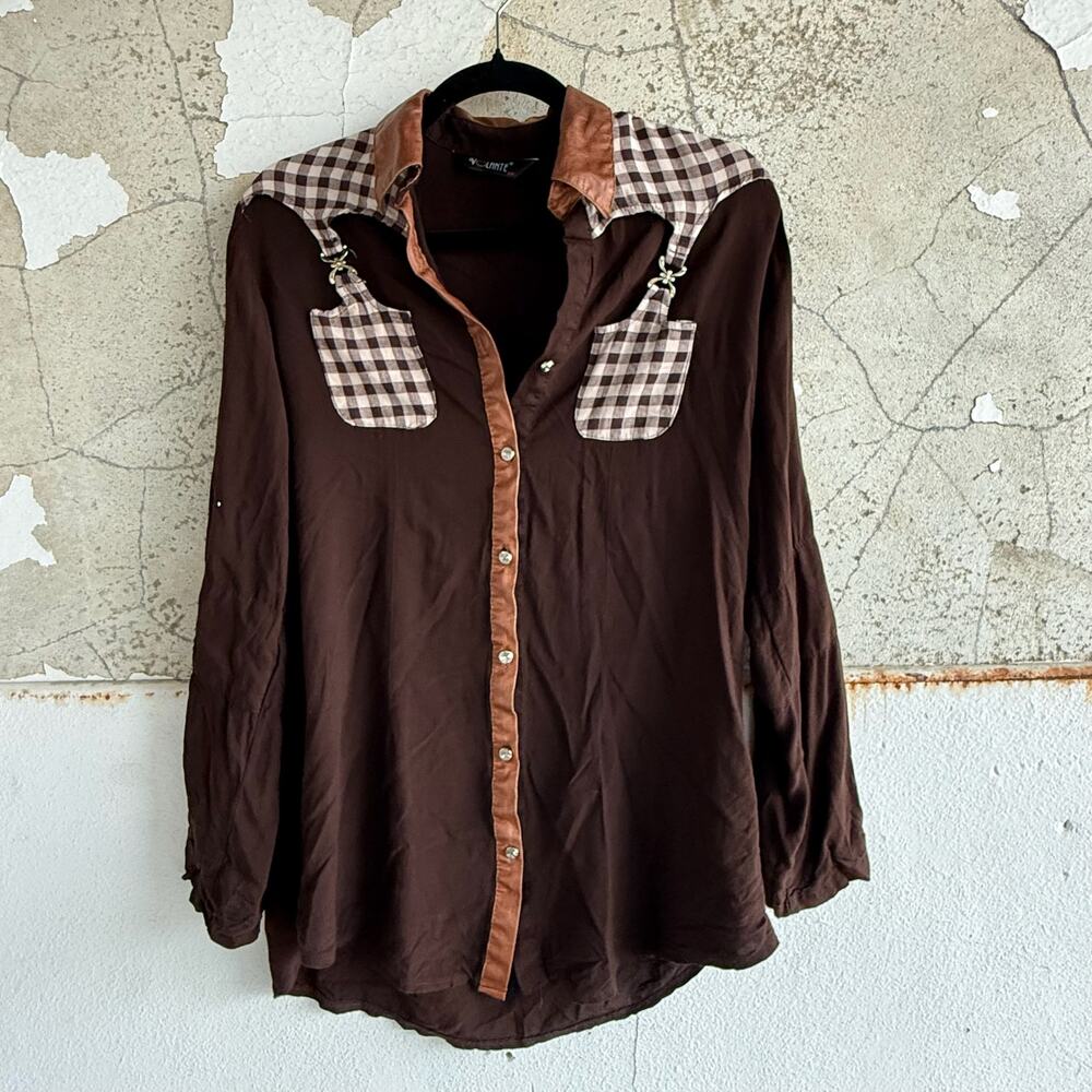 Y2K Western Shirt Gingham Pockets Faux Leather Trim Snap Front Cowgirl Women XXL